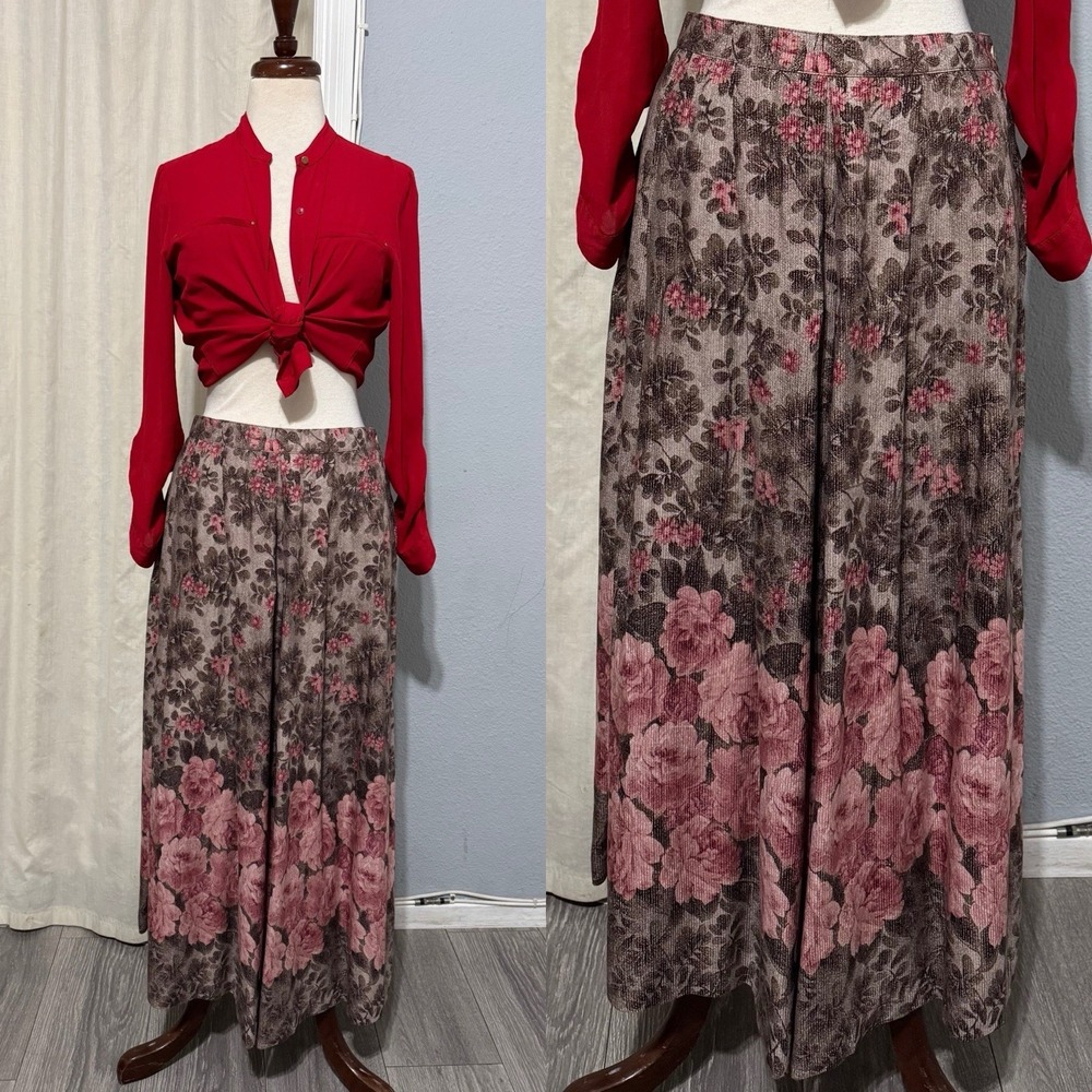 Vintage 90s Koret Brown Pink Romantic Floral Cottagecore Skirt Size M Peasant